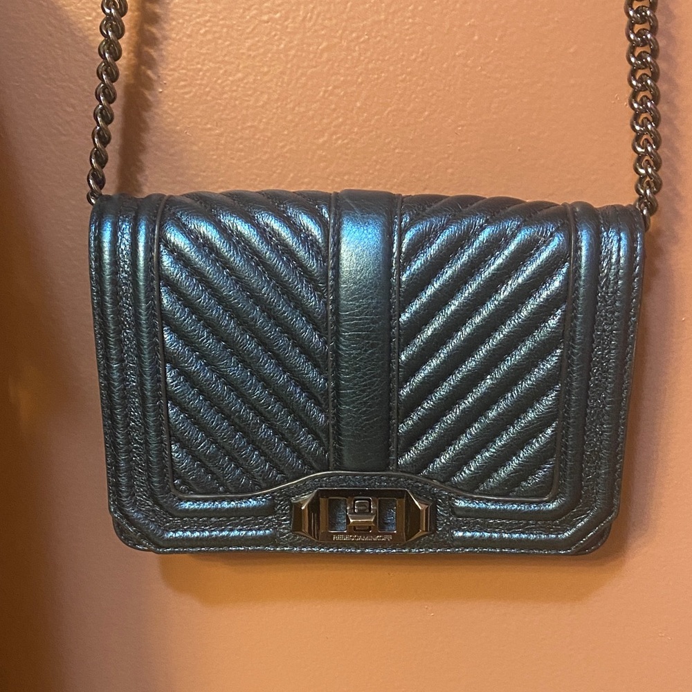 Rebecca Minkoff Metallic Blue Leather Quilted Crossbody Bag Chain Detail